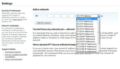 Galimybė įtraukti vienos kompiuterio IP adresą arba atitinkamo dydžio kompiuterių tinklą į OpenDNS paskyrą.